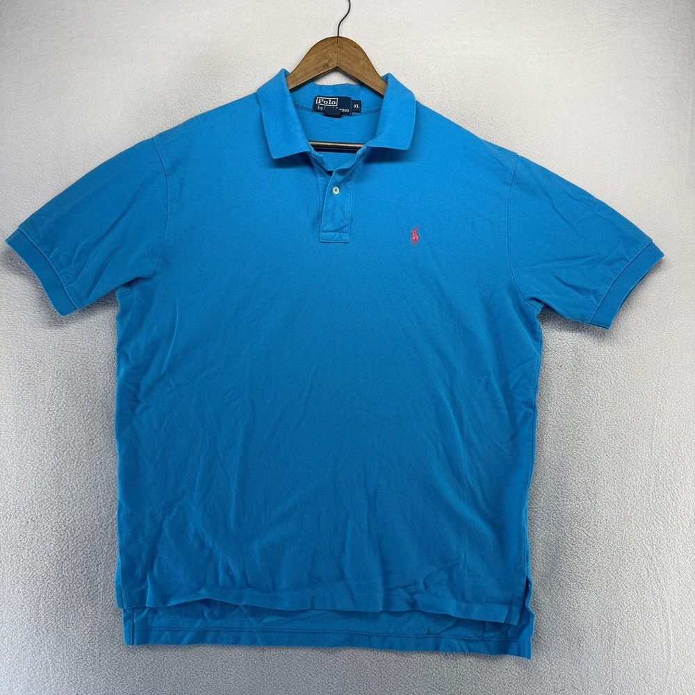 Vintage Ralph Lauren Polo Shirt Mens XL Blue Pink Pony Knit Golf Preppy 90s